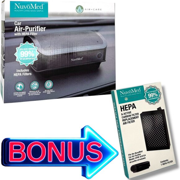 NuvoMed Car Air Purifier With Hepa Filter Rids Car of Odors + FREE BONUS FILTER! - Picture 1 of 8